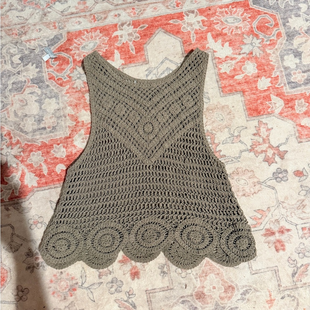Free People Olive Crochet Scallop-Hem Tank